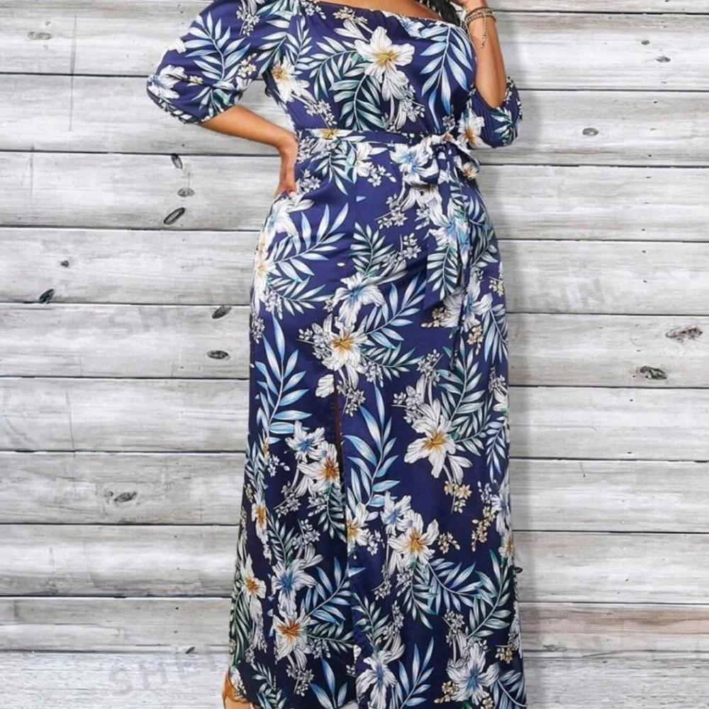 SHEIN 1XL TROPICAL PRINT SIDE SPLIT DRESS - Picture 6 of 13